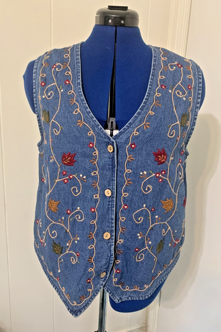 Vintage Women’s Bobbie Brooks Blue Jean Embroidered Autumn/Fall Leaves Vest